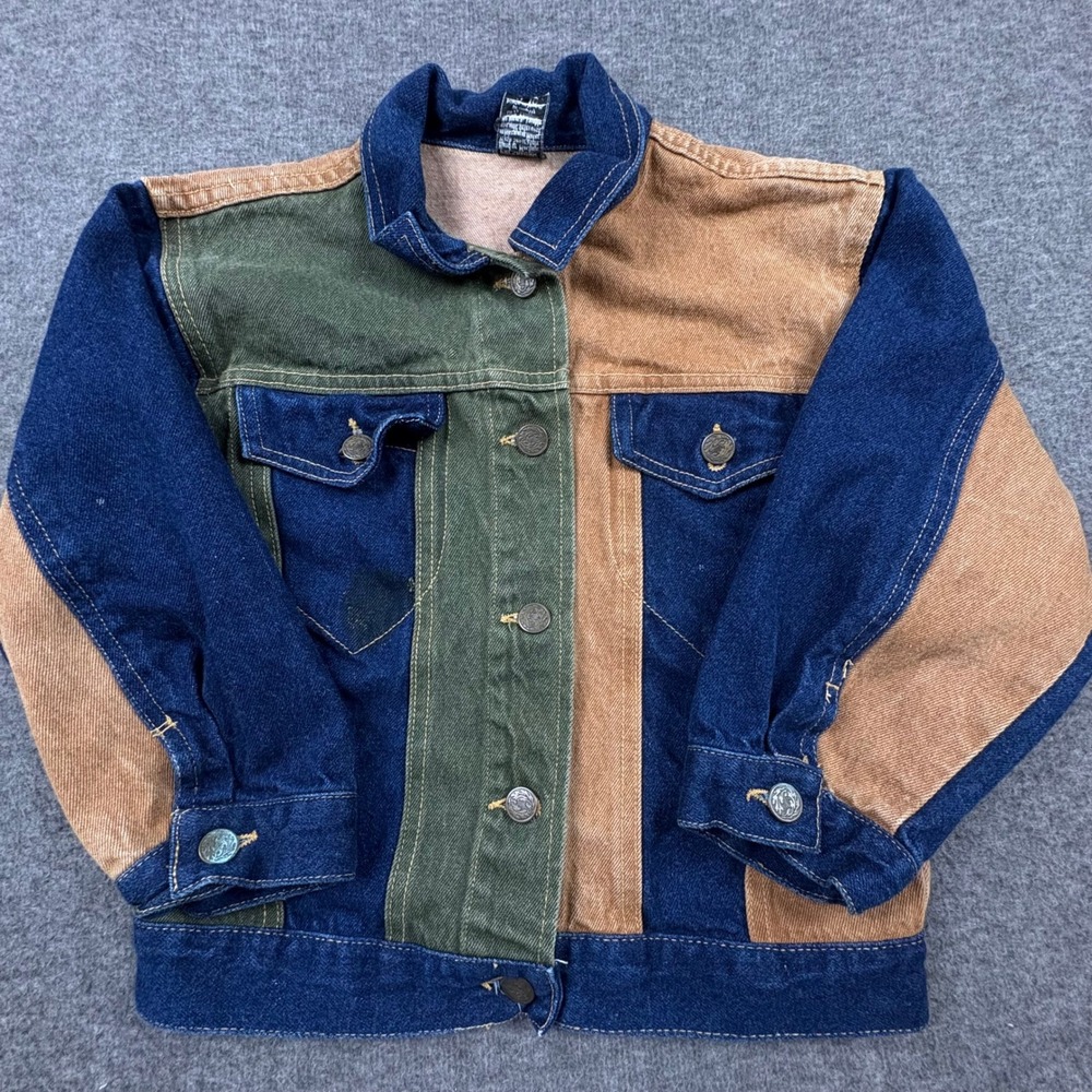 Vtg Colorblock Denim Jacket 90s Trucker Y2k Brass Snaps Cowboy Rodeo Rebel *READ